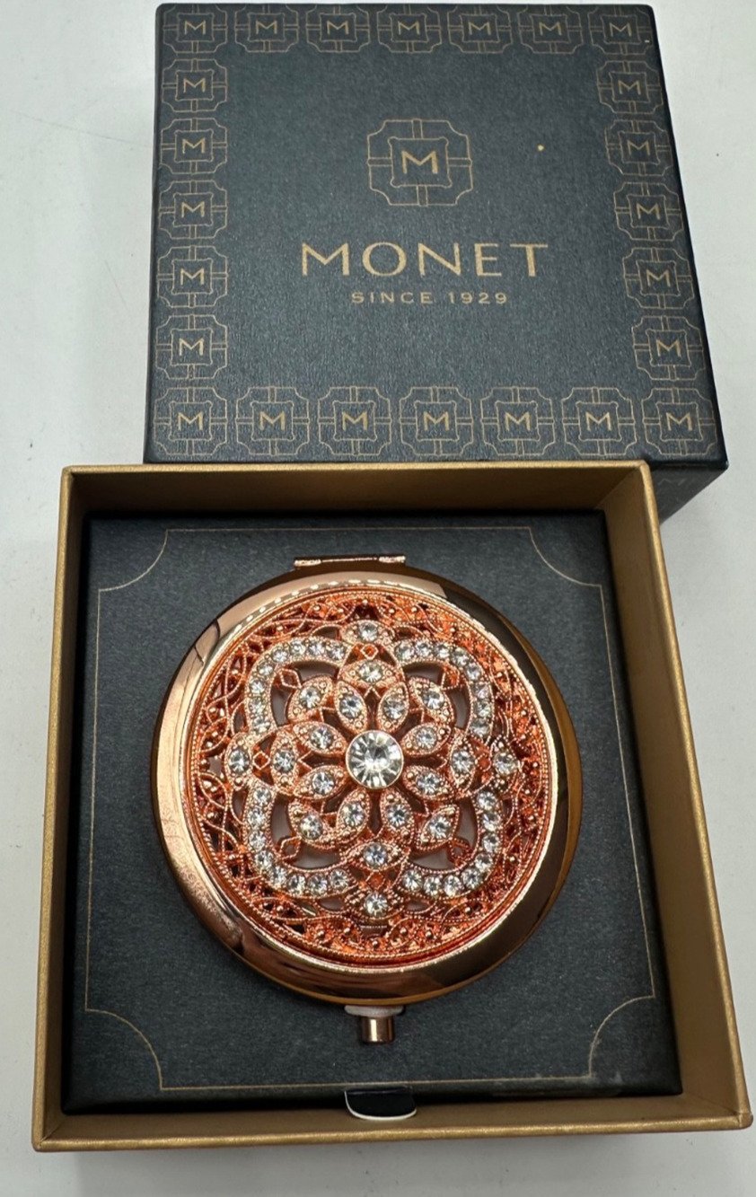 Monet Floral Compact Mirror Rose Gold Rhinestone Flower Purse Pocket New in Box